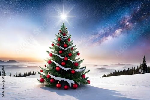 A beautifully decorated Christmas tree with colorful ornaments, twinkling lights, and a star topper, standing on a pristine solid white background.