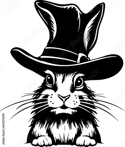 Halloween Bunny in a witch hat, Vintage Rabbit head in a hat, halloween illustration