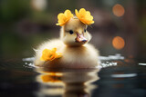 Cute baby duckling with yellow flower on its head