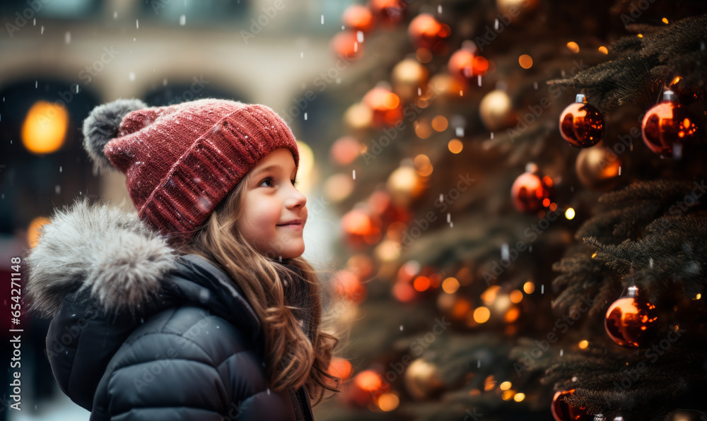 Side Profile of Joyful Girl by Christmas Tree in Snowy City Square - obrazy, fototapety, plakaty 