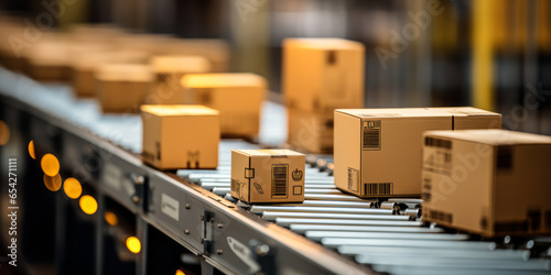 The Logistics of Delivery: Cardboard Packages on Conveyor Belt in Warehouse