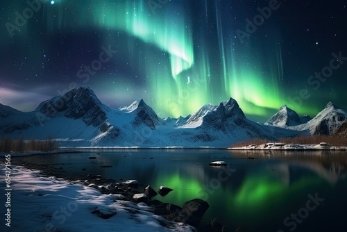 Amazing scenery of the northern lights over the snowy mountains