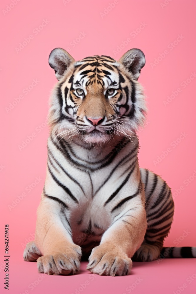 Obraz premium One close up tiger on studio pink coloured background.