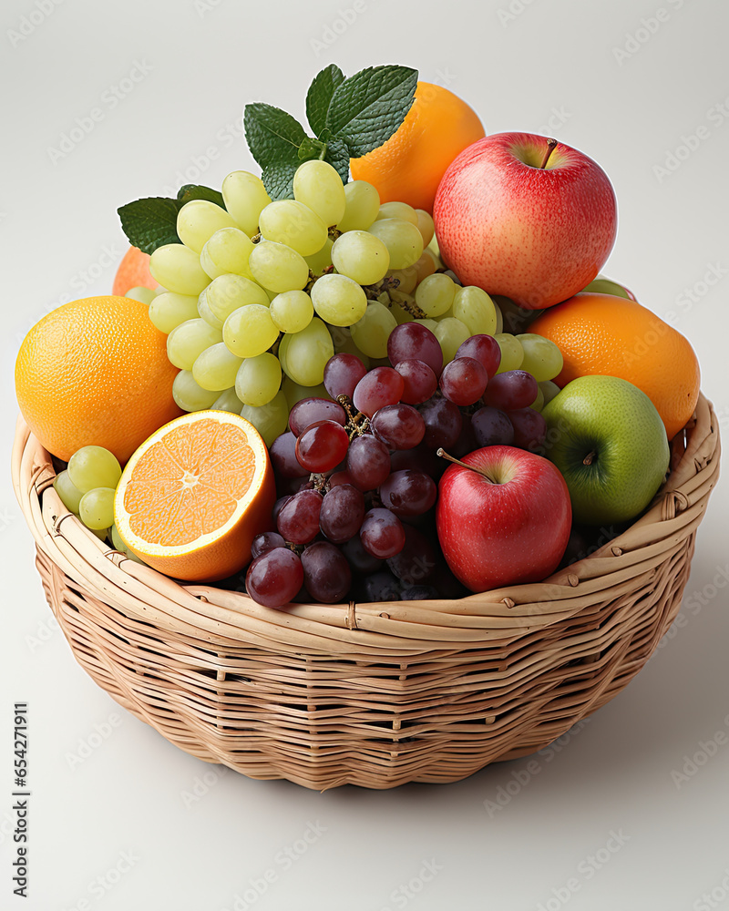 wooden basket of colorful fresh various mixed fruit on the ground on a clear background wooden basket of colorful fresh various mixed fruit on the ground on a clear background