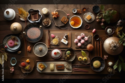 Beautiful Japanese culinary scene captured in a captivating top-down photograph. Generative AI