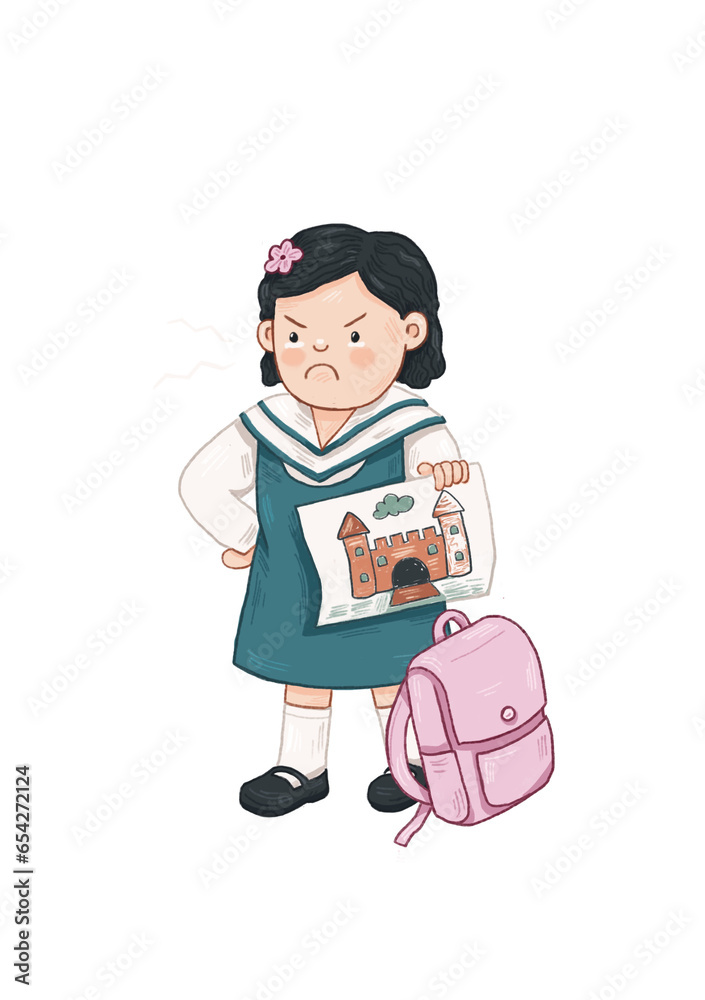 illustration of an angry little girl carrying coloring paper illustration of an angry little girl carrying coloring paper