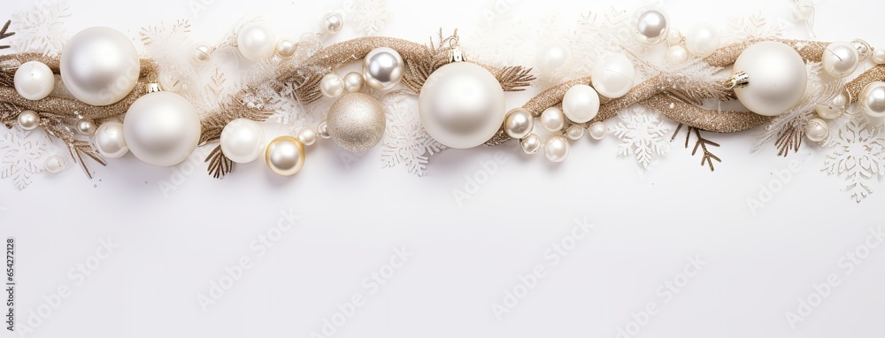 a Christmas or New Year banner set against a snowy white background. The banner is elegantly framed by matching white Christmas decorations, creating a serene winter wonderland ambiance. a Christmas or New Year banner set against a snowy white background. The banner is elegantly framed by matching white Christmas decorations, creating a serene winter wonderland ambiance.