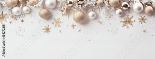 a Christmas or New Year banner set against a snowy white background. The banner is elegantly framed by matching white Christmas decorations, creating a serene winter wonderland ambiance.