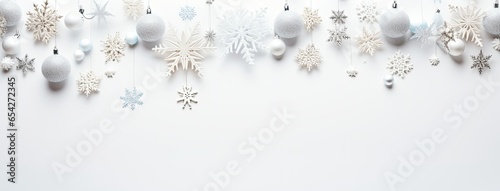 a Christmas or New Year banner set against a snowy white background. The banner is elegantly framed by matching white Christmas decorations, creating a serene winter wonderland ambiance.