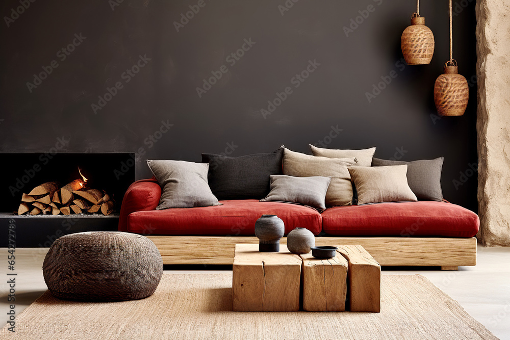 Wood log coffee table near rustic sofa with red cushion and grey and beige pillows against black stucco wall. Japandi home interior design of modern living room with fireplace. - obrazy, fototapety, plakaty 