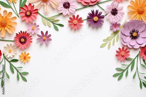 Paper cut flowers and leaves, Fresh spring nature background. Floral banner, poster, flyer template with copy space.