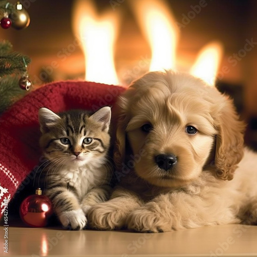 an adorable golden doodle puppy and a tiny kitten sleepin photo