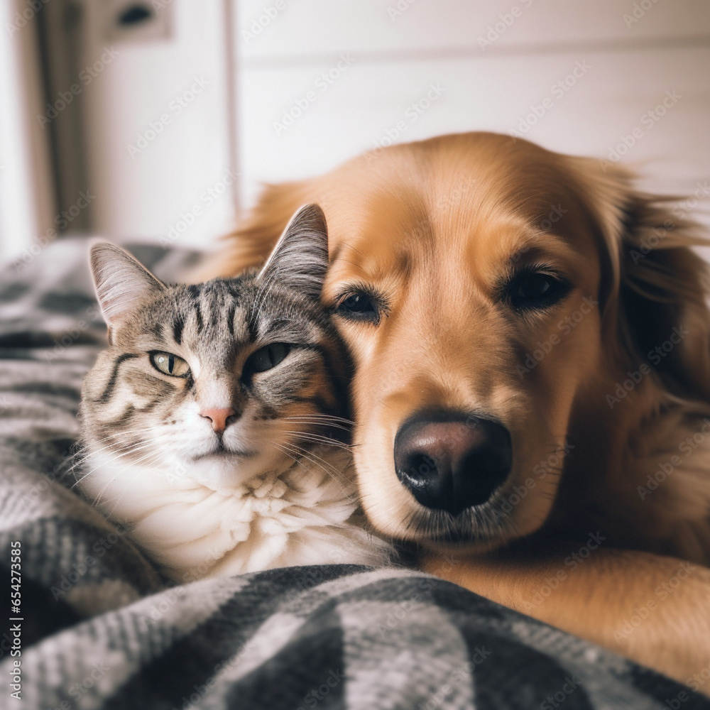 Cat and dog happily cuddling