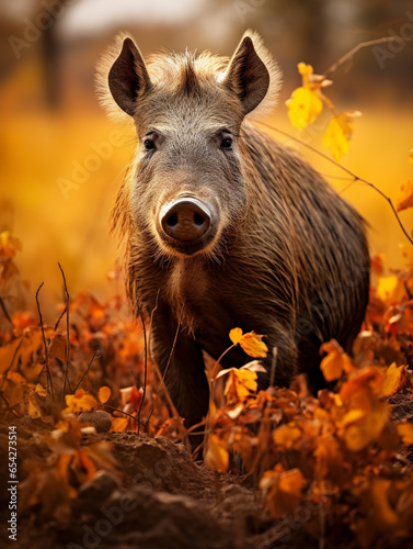 A Photo of a Warthog in an Autumn Setting