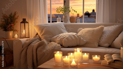 a composition of candles beautifully arranged on a white table. In the background, a comfy sofa with soft plaids and pillows creates the perfect ambiance for a cozy evening at home. photo