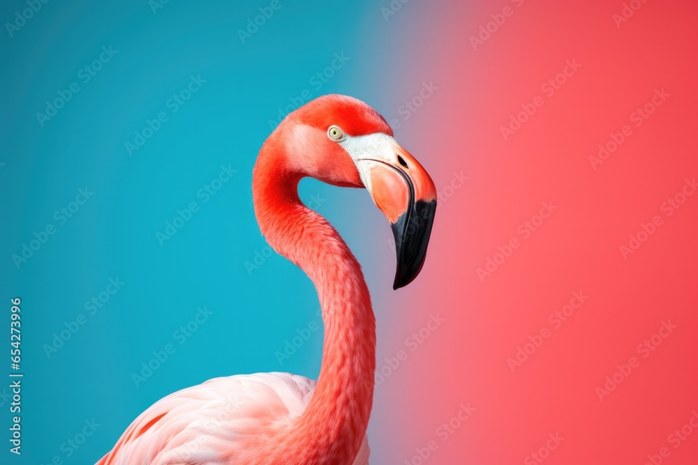 Obraz premium Close up portrait flamingo on coloured background.