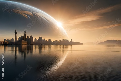 beautiful landscape, eye catching scene, city skyline a beautiful view of the lunar eclipse, river view