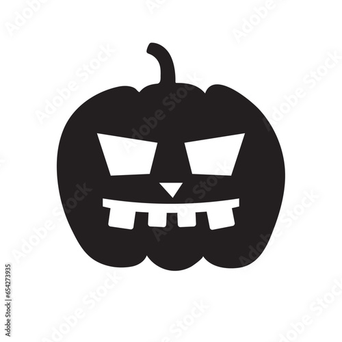 Big simple black pumpkin silhouette with sacry face on white background for halloween, icon, greetig cards, fabrics, webs  photo