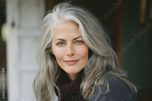 Smiling middle age grey-haired woman in outside. Autumn