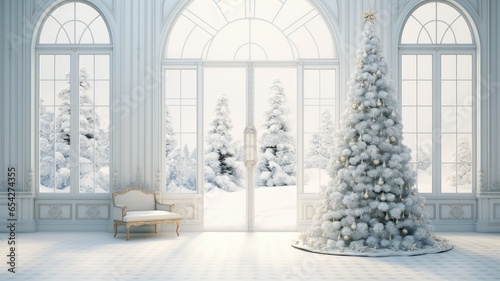 a majestic Christmas tree in a spacious, white room with arched windows. Adjacent to the tree is a white chair, and beneath the tree lie numerous white gifts, toys.