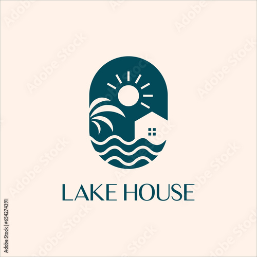 lake house with palm tree and sun premium logo vector