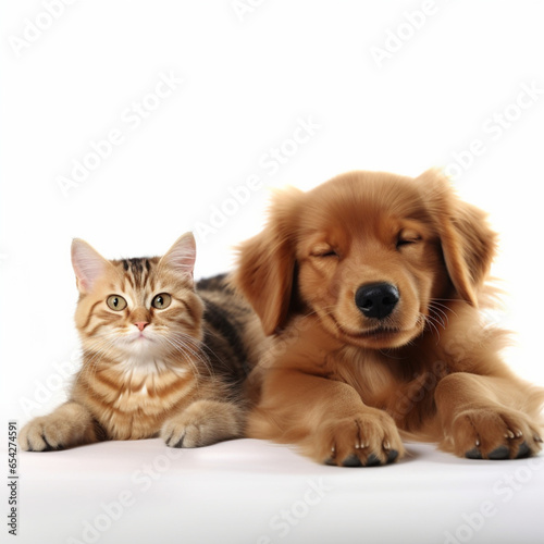 A Bengali cat and a golden dog happily lie on a whi, generative ai © PetPawPix