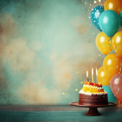 happy birthday.Celebration banner with gold confetti and balloons and cake.Background