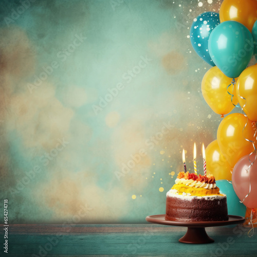 happy birthday.Celebration banner with gold confetti and balloons and cake.Background