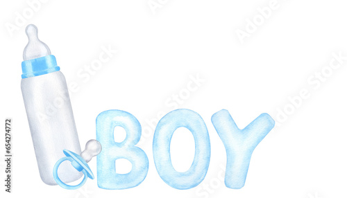 Blue milk bottle and pacifier, text. Newborn boy. Hand drawn watercolor illustration isolated on white background. Gender reveal party, baby shower