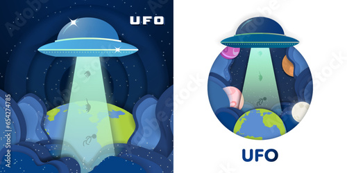 UFO Abduction Abstract Artwork. Cartoon human and animals getting abducted by alien UFO beam into sky. Vector Illustration.
