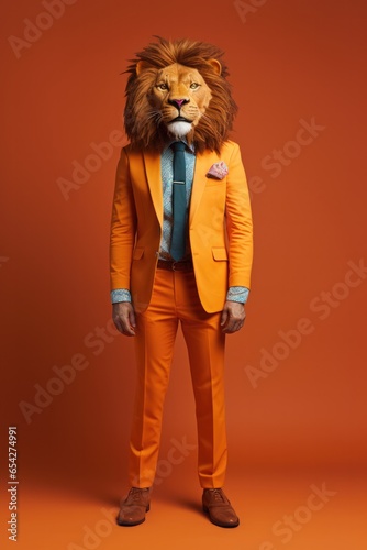 One standing lion in suits on coloured background.