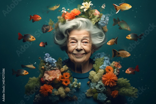 Portrait of elder beautiful woman with many flowers underwater.