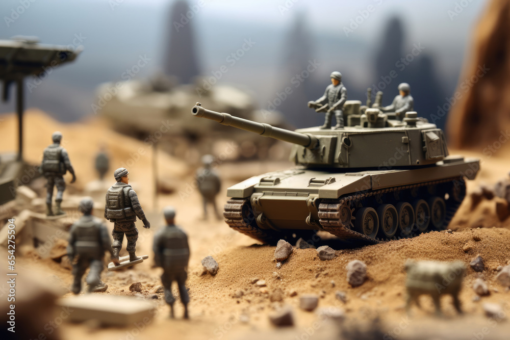 Toy soldiers and military machinery. Miniature composition of the battle. Toy soldiers and military machinery. Miniature composition of the battle.