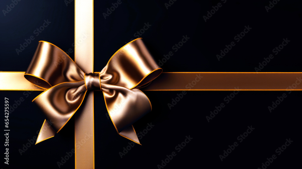 Black background with golden ribbon bow wallpaper copy space. Black Friday concept. Template mockup for text, logo and product presentation. Black background with golden ribbon bow wallpaper copy space. Black Friday concept. Template mockup for text, logo and product presentation.