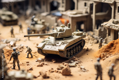 Toy soldiers and military machinery. Miniature composition of the battle.