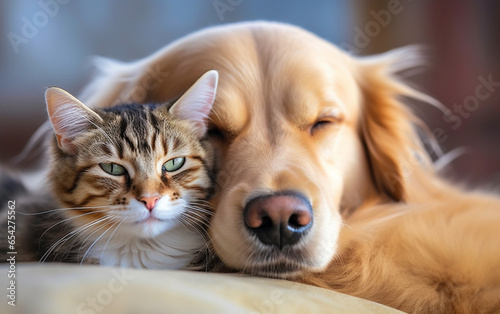 cat and dog together lying. Animals friendship, generative ai