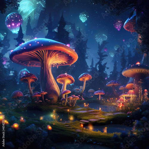 A magical neon mushroom forest with large glowing mushrooms at night. Concept illustration.
