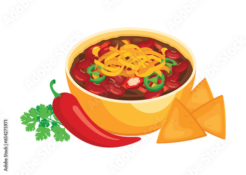 Mexican chili con carne bowl vector illustration. Traditional Mexican spicy dish with meat, kidney beans, cheese and nacho chips icon vector isolated on white background
