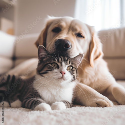 Planet photo of a dog with his tongue out cat is cuddling, generative ai