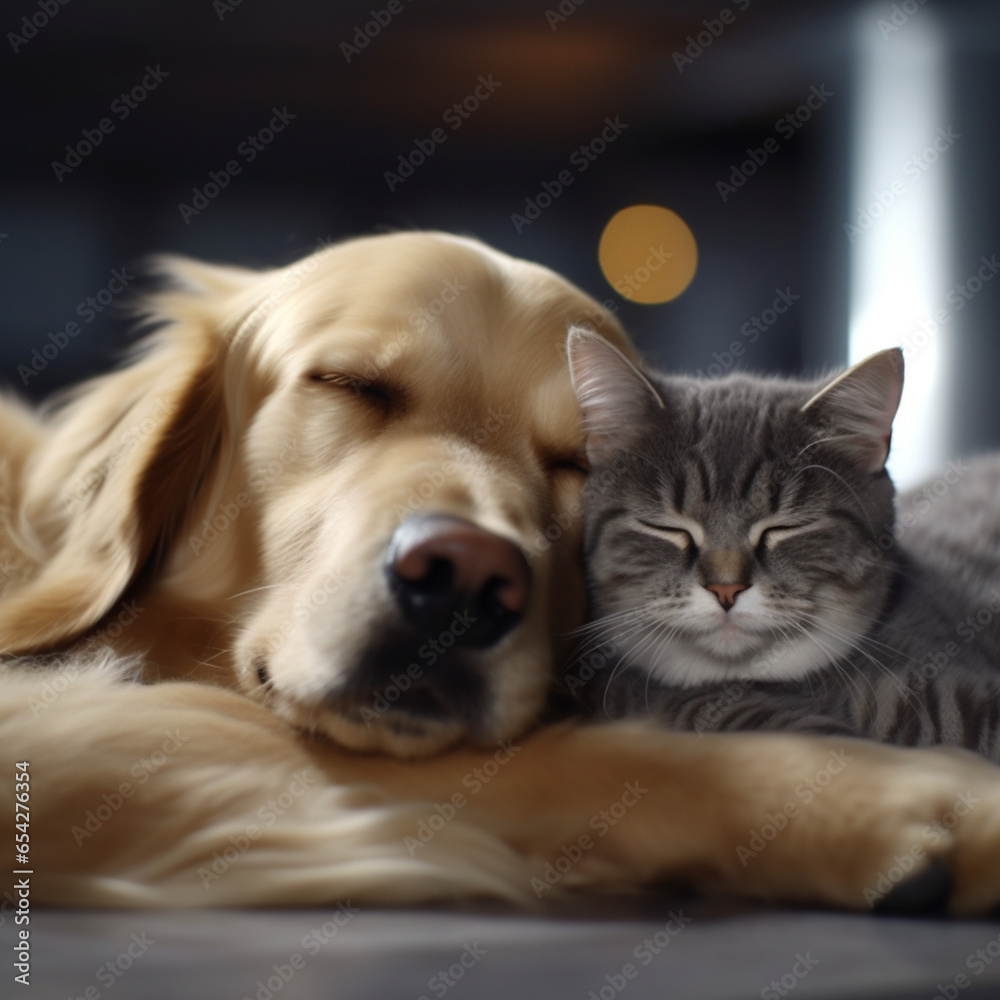 Siqueira Gray cat sleeping next to a golden retriever dog, generative ai
