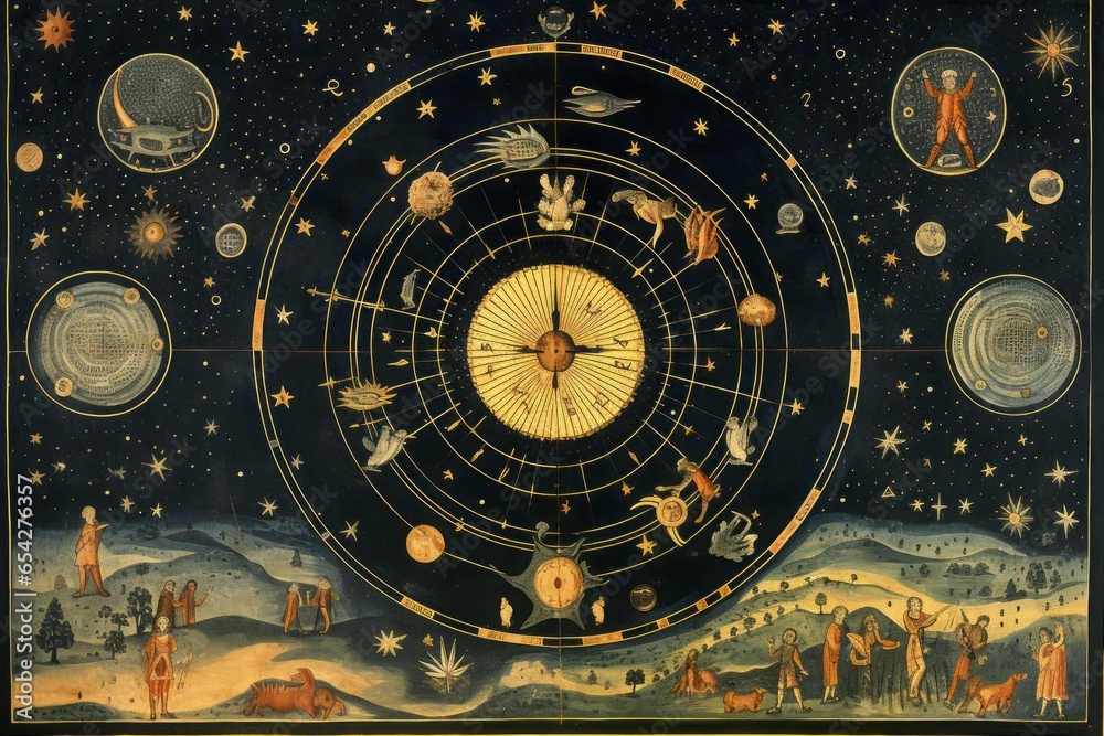 An ancient celestial map with intricate constellations and mythical figures.