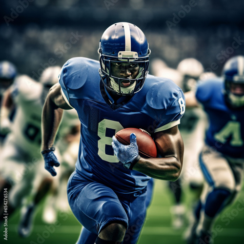 American football players in dynamic action is running with ball at stadium under rain, sport arena, movement, achievements, leadership, Sports emotions	