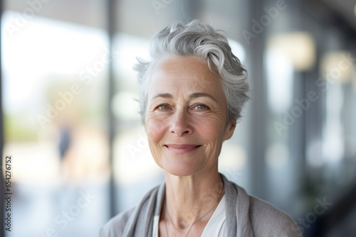 Portrait of smiling aged woman with gray hair looking at camera.