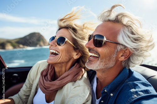 Happy smile aged couple man and woman traveling in car convertible the coast on summer sunny day. 