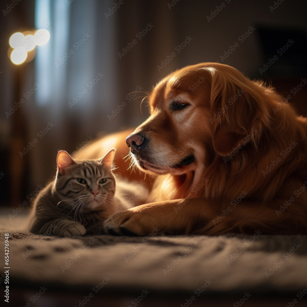 A golden retriever is taking care of a little ginger cat and dog, generative ai