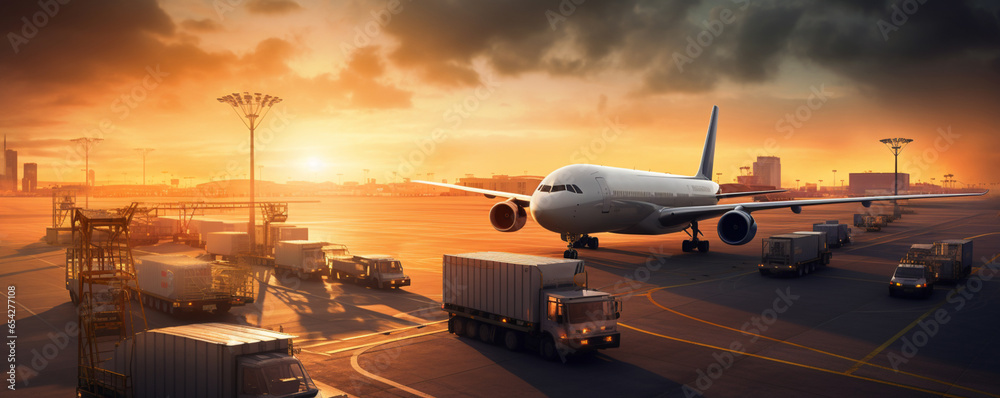 Airport, Loading and unloading of cargo, containers. Business logistics, industrial warehouses and logistics companies. E-commerce, wholesale trade of goods.	 - obrazy, fototapety, plakaty 