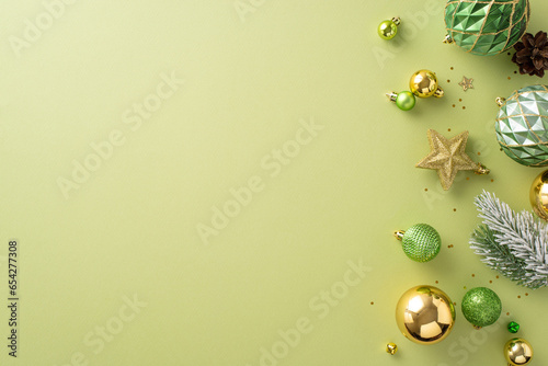 Infuse your space with Christmas magic. Overhead photo showcasing emerald, golden tree trinkets, luminous star, glistening sequins, frost-covered fir, cone on soft green, space for message or promo