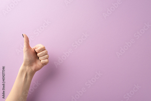 From a first-person top view perspective, my hand, embellished with a chic black manicure, crafts a thumbs-up gesture against lilac surroundings. Ample area for text or advertisements is available photo