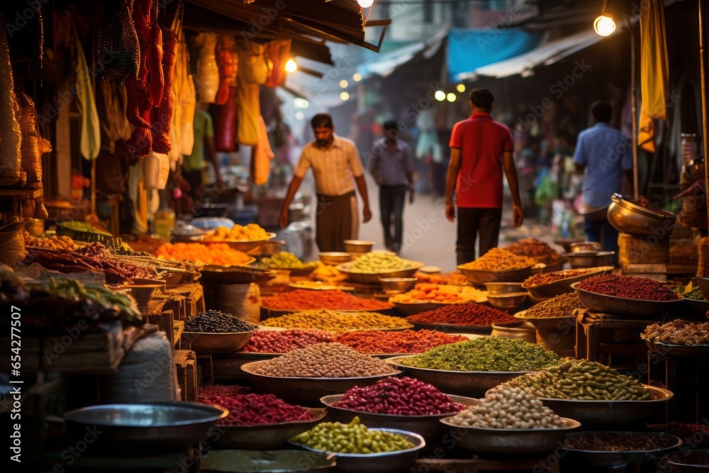 A vibrant Indian marketplace with colorful textiles, spices, and bustling merchants.