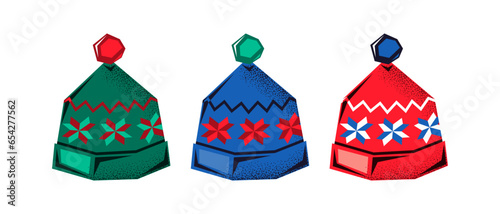 Hats.Collection of knitted winter hats.A symbol of the Christmas holidays.Vector illustration. photo
